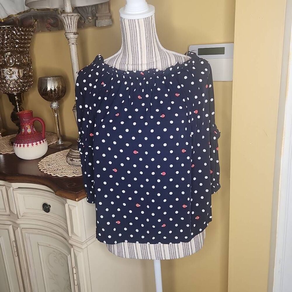 Crown &Ivy navy blue polka dot ladybug blouse women's size S
